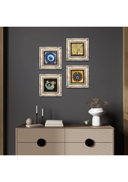 Nazar, Hayat Ağacı, Şahmeran Taş Duvar Tablosu Çerçeveli Duvar Dekoru 4 Parça Tablo Seti Wall Art T4-1207