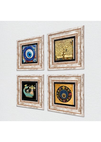 Nazar, Hayat Ağacı, Şahmeran Taş Duvar Tablosu Çerçeveli Duvar Dekoru 4 Parça Tablo Seti Wall Art T4-1207