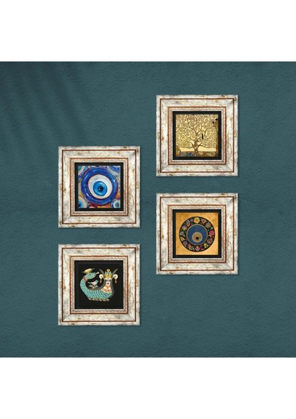 Nazar, Hayat Ağacı, Şahmeran Taş Duvar Tablosu Çerçeveli Duvar Dekoru 4 Parça Tablo Seti Wall Art T4-1207