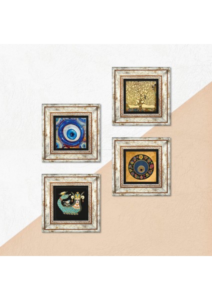 Nazar, Hayat Ağacı, Şahmeran Taş Duvar Tablosu Çerçeveli Duvar Dekoru 4 Parça Tablo Seti Wall Art T4-1207