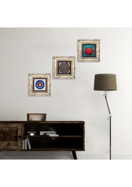 Nazar, Yaşam Çiçeği, Nar Taş Duvar Tablosu Çerçeveli Duvar Dekoru 3 Parça Tablo Seti Wall Art T3-346