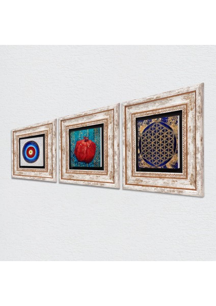 Nazar, Yaşam Çiçeği, Nar Taş Duvar Tablosu Çerçeveli Duvar Dekoru 3 Parça Tablo Seti Wall Art T3-346 fiyatları