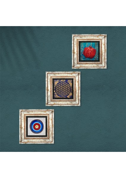 Nazar, Yaşam Çiçeği, Nar Taş Duvar Tablosu Çerçeveli Duvar Dekoru 3 Parça Tablo Seti Wall Art T3-346 fırsatları