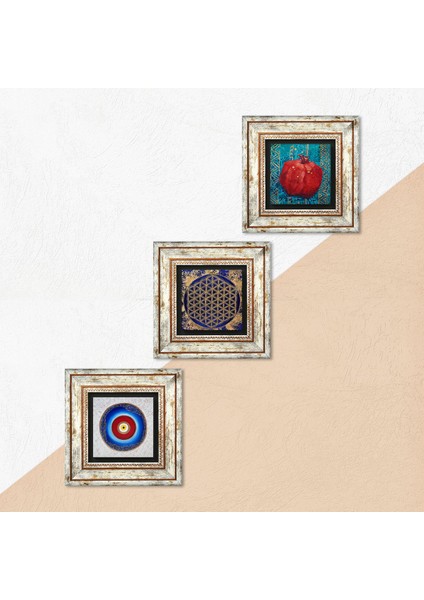 Nazar, Yaşam Çiçeği, Nar Taş Duvar Tablosu Çerçeveli Duvar Dekoru 3 Parça Tablo Seti Wall Art T3-346 indirimleri