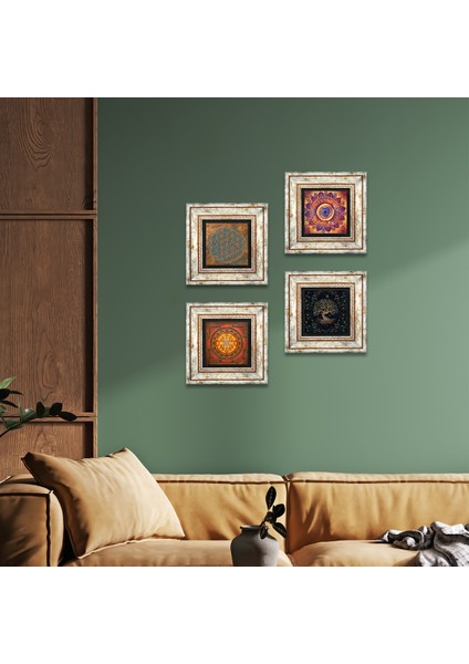 Yaşam Çiçeği, Mandala, Sri Yantra, Hayat Ağacı Çerçeveli Taş Duvar Tablosu 4’lü Set - Dekoratif Modern Sanat, Ev ve Ofis Dekoru |TK4-528|