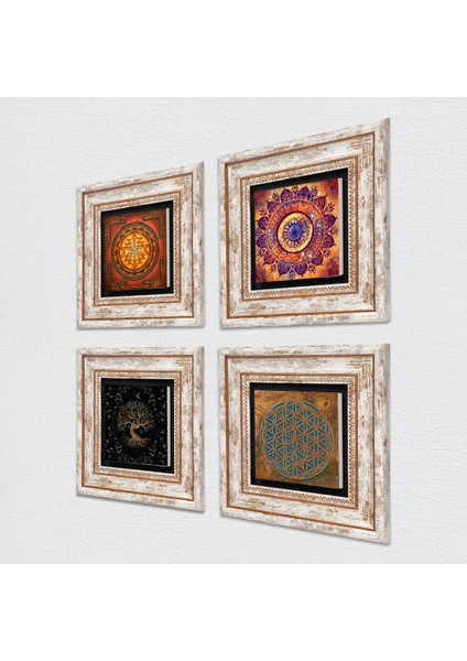 Yaşam Çiçeği, Mandala, Sri Yantra, Hayat Ağacı Çerçeveli Taş Duvar Tablosu 4’lü Set - Dekoratif Modern Sanat, Ev ve Ofis Dekoru |TK4-528| fiyatları