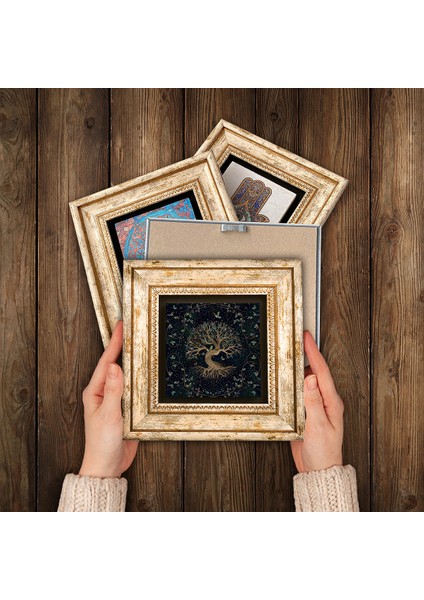 Yaşam Çiçeği, Mandala, Sri Yantra, Hayat Ağacı Çerçeveli Taş Duvar Tablosu 4’lü Set - Dekoratif Modern Sanat, Ev ve Ofis Dekoru |TK4-528| modelleri