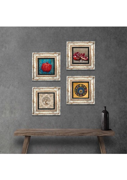 Nazar, Hayat Ağacı, Nar Çerçeveli Taş Duvar Tablosu 4’lü Set - Dekoratif Modern Sanat, Ev ve Ofis Dekoru |TK4-653|