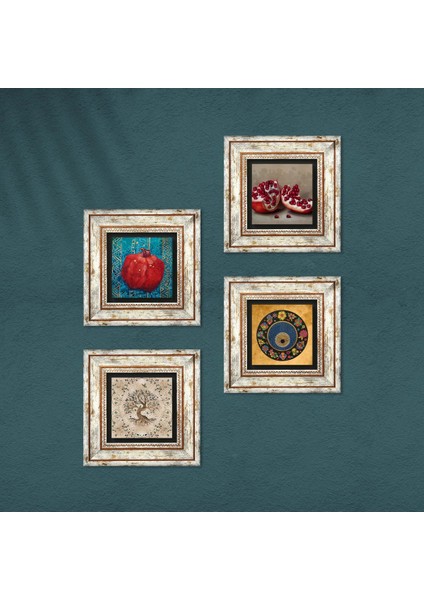Nazar, Hayat Ağacı, Nar Çerçeveli Taş Duvar Tablosu 4’lü Set - Dekoratif Modern Sanat, Ev ve Ofis Dekoru |TK4-653| fırsatları