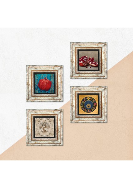 Nazar, Hayat Ağacı, Nar Çerçeveli Taş Duvar Tablosu 4’lü Set - Dekoratif Modern Sanat, Ev ve Ofis Dekoru |TK4-653| indirimleri