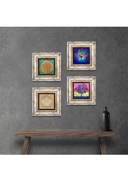 Lotus Çiçeği, Hayat Ağacı Taş Duvar Tablosu Çerçeveli Duvar Dekoru 4 Parça Tablo Seti Wall Art T4-675