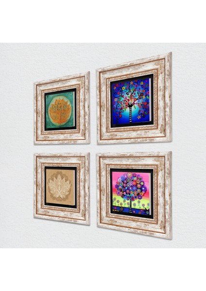 Lotus Çiçeği, Hayat Ağacı Taş Duvar Tablosu Çerçeveli Duvar Dekoru 4 Parça Tablo Seti Wall Art T4-675