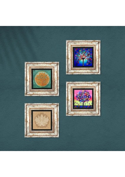 Lotus Çiçeği, Hayat Ağacı Taş Duvar Tablosu Çerçeveli Duvar Dekoru 4 Parça Tablo Seti Wall Art T4-675