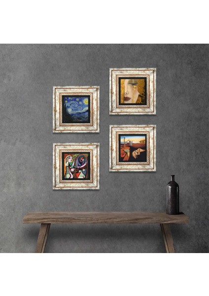 Stone Salvador Dalí, Picasso, Van Gogh, Gustav Klimt Çerçeveli Taş Duvar Tablosu 4’lü Set - Dekoratif Modern Sanat, Ev ve Ofis Dekoru |TK4-696|