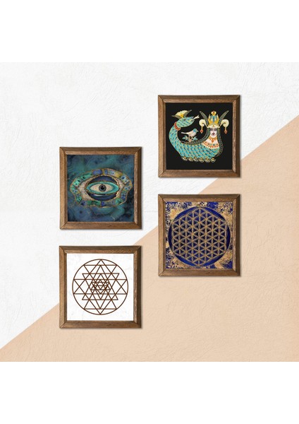 Stone Nazar, Sri Yantra, Yaşam Çiçeği, Şahmeran Ahşap Çerçeveli Taş Duvar Tablosu 4’lü Set – 25x25 cm Dekoratif Modern Sanat – Ev ve Ofis Dekoru |W4-793| indirimleri