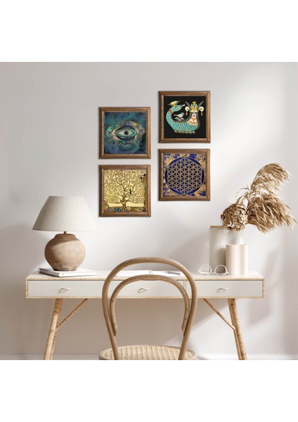 Nazar, Yaşam Çiçeği, Gustav Klimt Hayat Ağacı, Şahmeran Taş Duvar Tablosu Ahşap Çerçeveli Duvar Dekoru 4 Parça Tablo Seti Wall Art W4-795