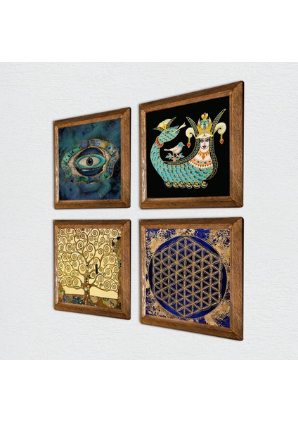 Nazar, Yaşam Çiçeği, Gustav Klimt Hayat Ağacı, Şahmeran Taş Duvar Tablosu Ahşap Çerçeveli Duvar Dekoru 4 Parça Tablo Seti Wall Art W4-795