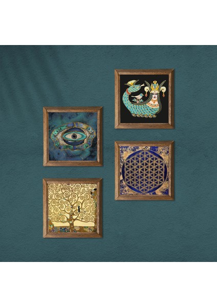 Nazar, Yaşam Çiçeği, Gustav Klimt Hayat Ağacı, Şahmeran Taş Duvar Tablosu Ahşap Çerçeveli Duvar Dekoru 4 Parça Tablo Seti Wall Art W4-795