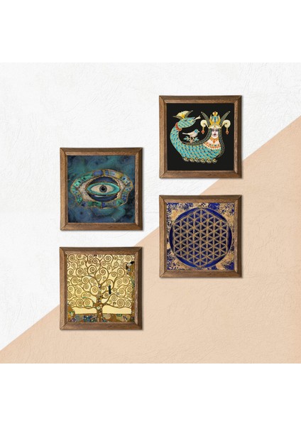 Nazar, Yaşam Çiçeği, Gustav Klimt Hayat Ağacı, Şahmeran Taş Duvar Tablosu Ahşap Çerçeveli Duvar Dekoru 4 Parça Tablo Seti Wall Art W4-795