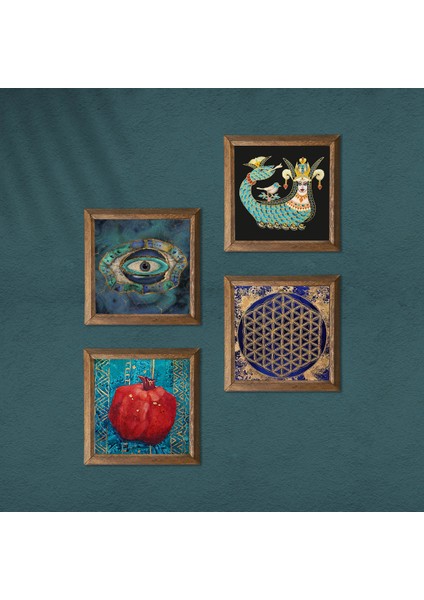 Stone Nazar, Yaşam Çiçeği, Şahmeran, Nar Ahşap Çerçeveli Taş Duvar Tablosu 4’lü Set – 25x25 cm Dekoratif Modern Sanat – Ev ve Ofis Dekoru |W4-797| modelleri