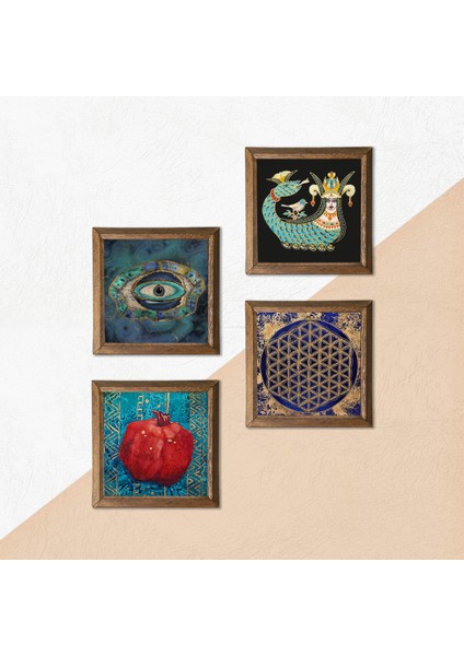 Stone Nazar, Yaşam Çiçeği, Şahmeran, Nar Ahşap Çerçeveli Taş Duvar Tablosu 4’lü Set – 25x25 cm Dekoratif Modern Sanat – Ev ve Ofis Dekoru |W4-797| indirimleri
