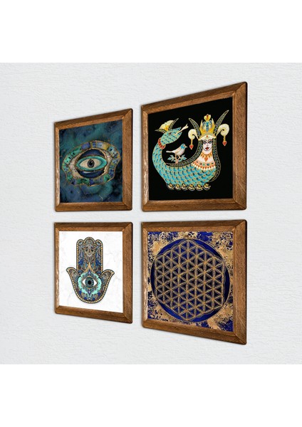 Stone Nazar, Yaşam Çiçeği, Şahmeran, Fatma Ana Eli (Hamsa) Ahşap Çerçeveli Taş Duvar Tablosu 4’lü Set – 25x25 cm Dekoratif Modern Sanat – Ev ve Ofis Dekoru |W4-798| fiyatları