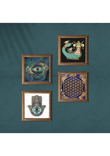 Stone Nazar, Yaşam Çiçeği, Şahmeran, Fatma Ana Eli (Hamsa) Ahşap Çerçeveli Taş Duvar Tablosu 4’lü Set – 25x25 cm Dekoratif Modern Sanat – Ev ve Ofis Dekoru |W4-798| modelleri