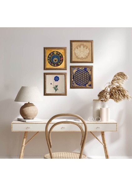 Lotus Çiçeği, Yaşam Çiçeği, Ebru Sanatı, Nazar Taş Duvar Tablosu Ahşap Çerçeveli Duvar Dekoru 4 Parça Tablo Seti Wall Art W4-804