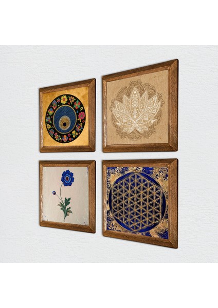 Lotus Çiçeği, Yaşam Çiçeği, Ebru Sanatı, Nazar Taş Duvar Tablosu Ahşap Çerçeveli Duvar Dekoru 4 Parça Tablo Seti Wall Art W4-804