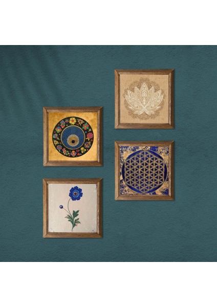 Lotus Çiçeği, Yaşam Çiçeği, Ebru Sanatı, Nazar Taş Duvar Tablosu Ahşap Çerçeveli Duvar Dekoru 4 Parça Tablo Seti Wall Art W4-804