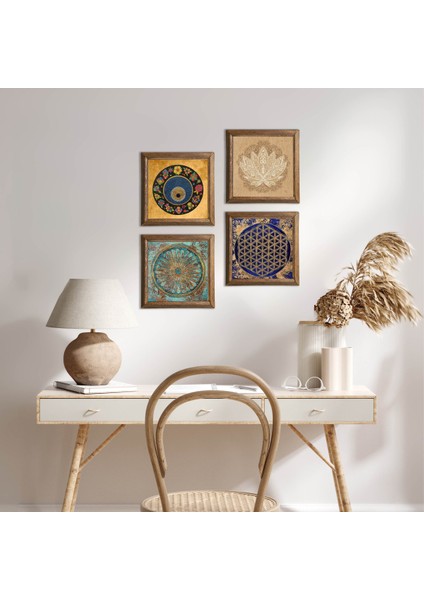 Stone Lotus Çiçeği, Yaşam Çiçeği, Nazar Ahşap Çerçeveli Taş Duvar Tablosu 4’lü Set – 25x25 cm Dekoratif Modern Sanat – Ev ve Ofis Dekoru |W4-807|