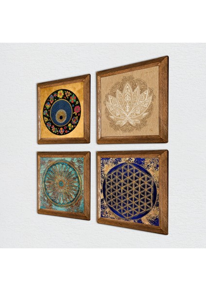 Stone Lotus Çiçeği, Yaşam Çiçeği, Nazar Ahşap Çerçeveli Taş Duvar Tablosu 4’lü Set – 25x25 cm Dekoratif Modern Sanat – Ev ve Ofis Dekoru |W4-807| fiyatları
