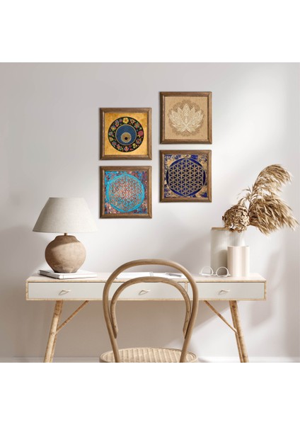 Stone Lotus Çiçeği, Yaşam Çiçeği, Nazar Ahşap Çerçeveli Taş Duvar Tablosu 4’lü Set – 25x25 cm Dekoratif Modern Sanat – Ev ve Ofis Dekoru |W4-809|