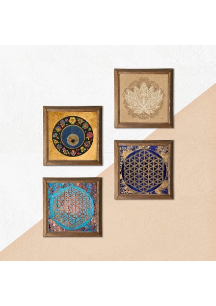 Stone Lotus Çiçeği, Yaşam Çiçeği, Nazar Ahşap Çerçeveli Taş Duvar Tablosu 4’lü Set – 25x25 cm Dekoratif Modern Sanat – Ev ve Ofis Dekoru |W4-809| indirimleri