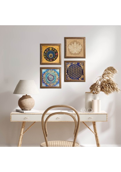 Mandala, Lotus Çiçeği, Yaşam Çiçeği, Nazar Taş Duvar Tablosu Ahşap Çerçeveli Duvar Dekoru 4 Parça Tablo Seti Wall Art W4-810