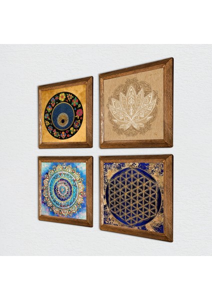 Mandala, Lotus Çiçeği, Yaşam Çiçeği, Nazar Taş Duvar Tablosu Ahşap Çerçeveli Duvar Dekoru 4 Parça Tablo Seti Wall Art W4-810