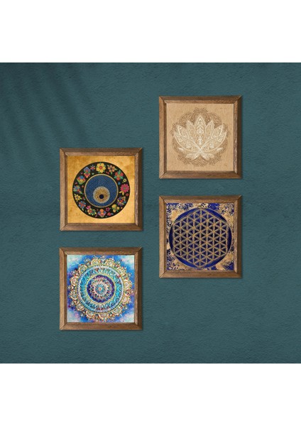 Mandala, Lotus Çiçeği, Yaşam Çiçeği, Nazar Taş Duvar Tablosu Ahşap Çerçeveli Duvar Dekoru 4 Parça Tablo Seti Wall Art W4-810