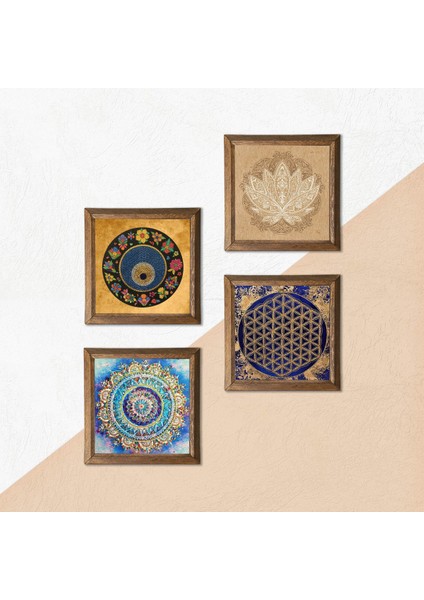 Mandala, Lotus Çiçeği, Yaşam Çiçeği, Nazar Taş Duvar Tablosu Ahşap Çerçeveli Duvar Dekoru 4 Parça Tablo Seti Wall Art W4-810