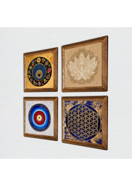 Stone Lotus Çiçeği, Yaşam Çiçeği, Nazar Ahşap Çerçeveli Taş Duvar Tablosu 4’lü Set – 25x25 cm Dekoratif Modern Sanat – Ev ve Ofis Dekoru |W4-814| fiyatları