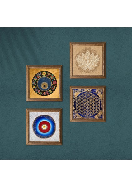 Stone Lotus Çiçeği, Yaşam Çiçeği, Nazar Ahşap Çerçeveli Taş Duvar Tablosu 4’lü Set – 25x25 cm Dekoratif Modern Sanat – Ev ve Ofis Dekoru |W4-814| modelleri