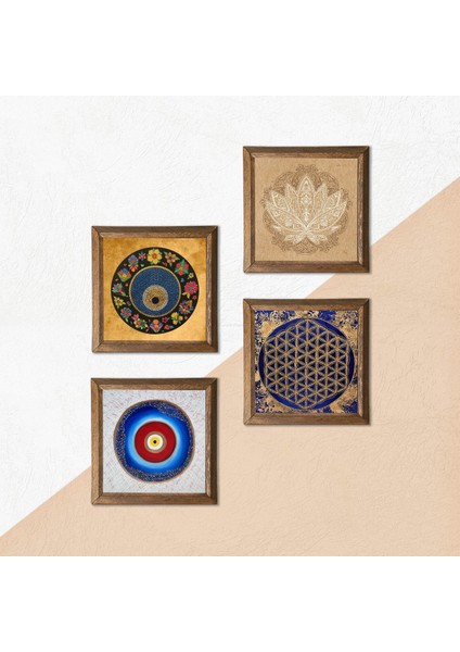 Stone Lotus Çiçeği, Yaşam Çiçeği, Nazar Ahşap Çerçeveli Taş Duvar Tablosu 4’lü Set – 25x25 cm Dekoratif Modern Sanat – Ev ve Ofis Dekoru |W4-814| indirimleri
