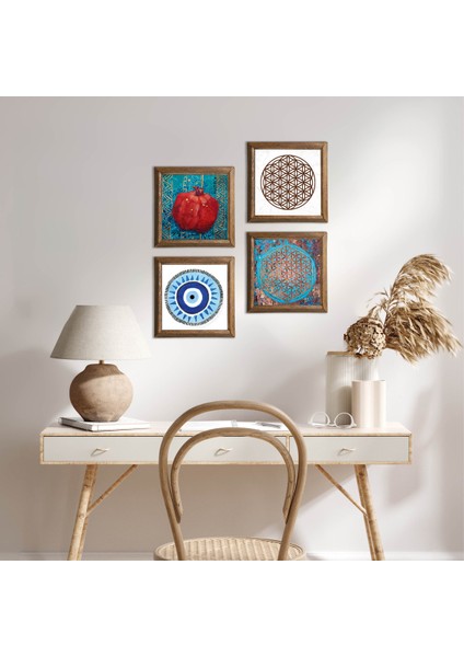 Nazar, Yaşam Çiçeği, Nar Taş Duvar Tablosu Ahşap Çerçeveli Duvar Dekoru 4 Parça Tablo Seti Wall Art W4-829