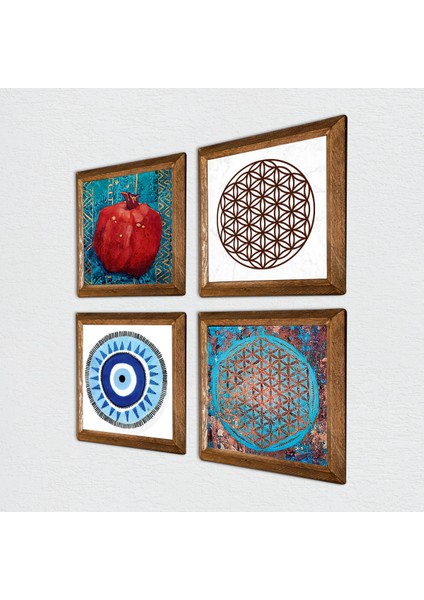 Nazar, Yaşam Çiçeği, Nar Taş Duvar Tablosu Ahşap Çerçeveli Duvar Dekoru 4 Parça Tablo Seti Wall Art W4-829 fiyatları