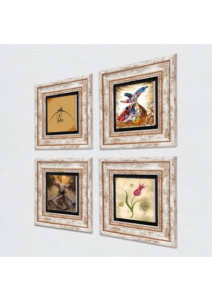 Hiç, Lale, Semazen Taş Duvar Tablosu Çerçeveli Duvar Dekoru 4 Parça Tablo Seti Wall Art T4-1400