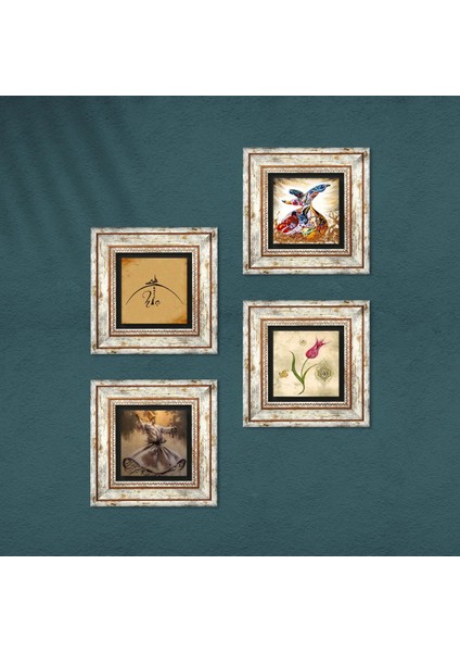Hiç, Lale, Semazen Taş Duvar Tablosu Çerçeveli Duvar Dekoru 4 Parça Tablo Seti Wall Art T4-1400