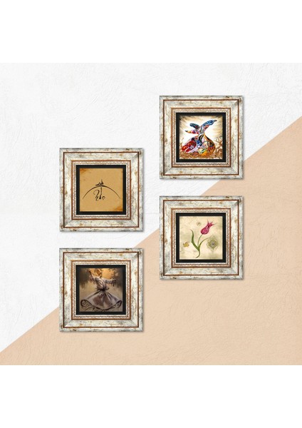 Hiç, Lale, Semazen Taş Duvar Tablosu Çerçeveli Duvar Dekoru 4 Parça Tablo Seti Wall Art T4-1400
