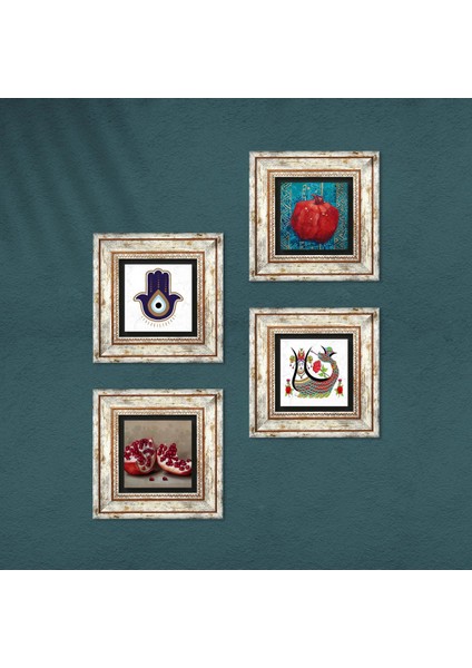 Stone Fatma Ana Eli (Hamsa), Şahmeran, Nar Çerçeveli Taş Duvar Tablosu 4’lü Set - Dekoratif Modern Sanat, Ev ve Ofis Dekoru |TK4-1401| fırsatları