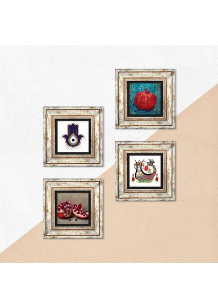 Stone Fatma Ana Eli (Hamsa), Şahmeran, Nar Çerçeveli Taş Duvar Tablosu 4’lü Set - Dekoratif Modern Sanat, Ev ve Ofis Dekoru |TK4-1401| indirimleri