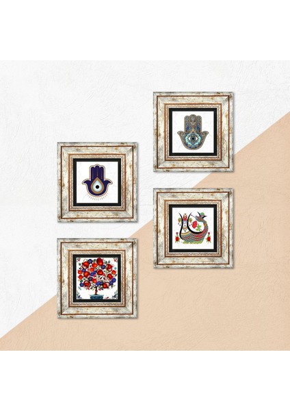Şahmeran, Nar Ağacı, Fatma Ana Eli (Hamsa) Taş Duvar Tablosu Çerçeveli Duvar Dekoru 4 Parça Tablo Seti Wall Art T4-1402 indirimleri
