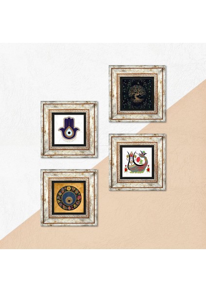 Fatma Ana Eli (Hamsa), Şahmeran, Hayat Ağacı, Nazar Çerçeveli Taş Duvar Tablosu 4’lü Set - Dekoratif Modern Sanat, Ev ve Ofis Dekoru |TK4-1407| indirimleri